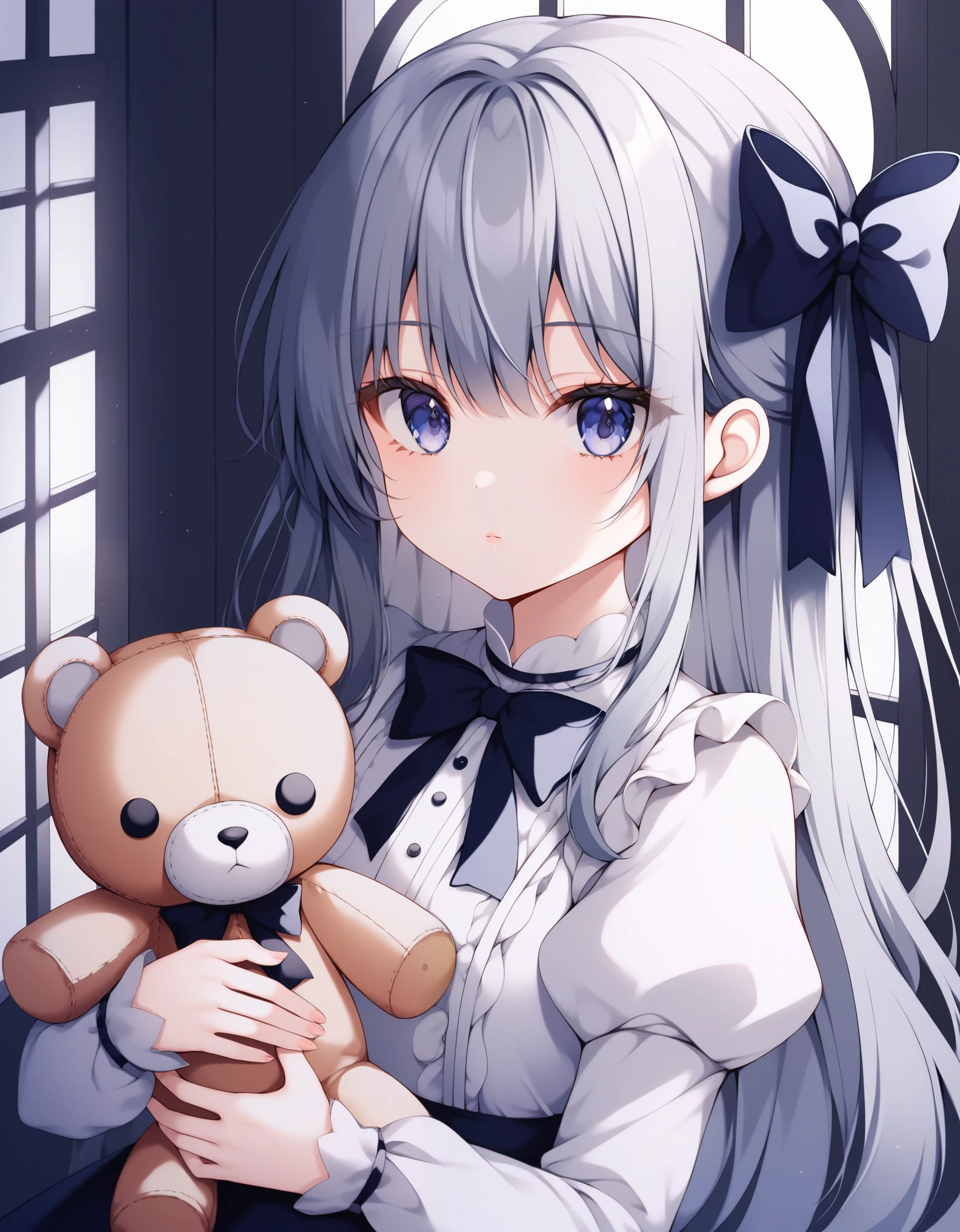 Alone, 1 girl, psgmeia, Expressionless, looking at viewer, holding doll, plush toy, hair bow, dress, long sleeves, juliet sleeves, striped thighs, Indoors