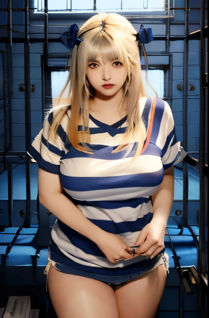  girl with blue hair and striped shirt in jail cell, in jail, in prison, in a prison cell, (sfw) safe for work, prisoner, , prison background, marin kitagawa fanart, behind bars, ( ( misa amane # ) ), with prison clothing, ecchi, cell bars, stood in a cell