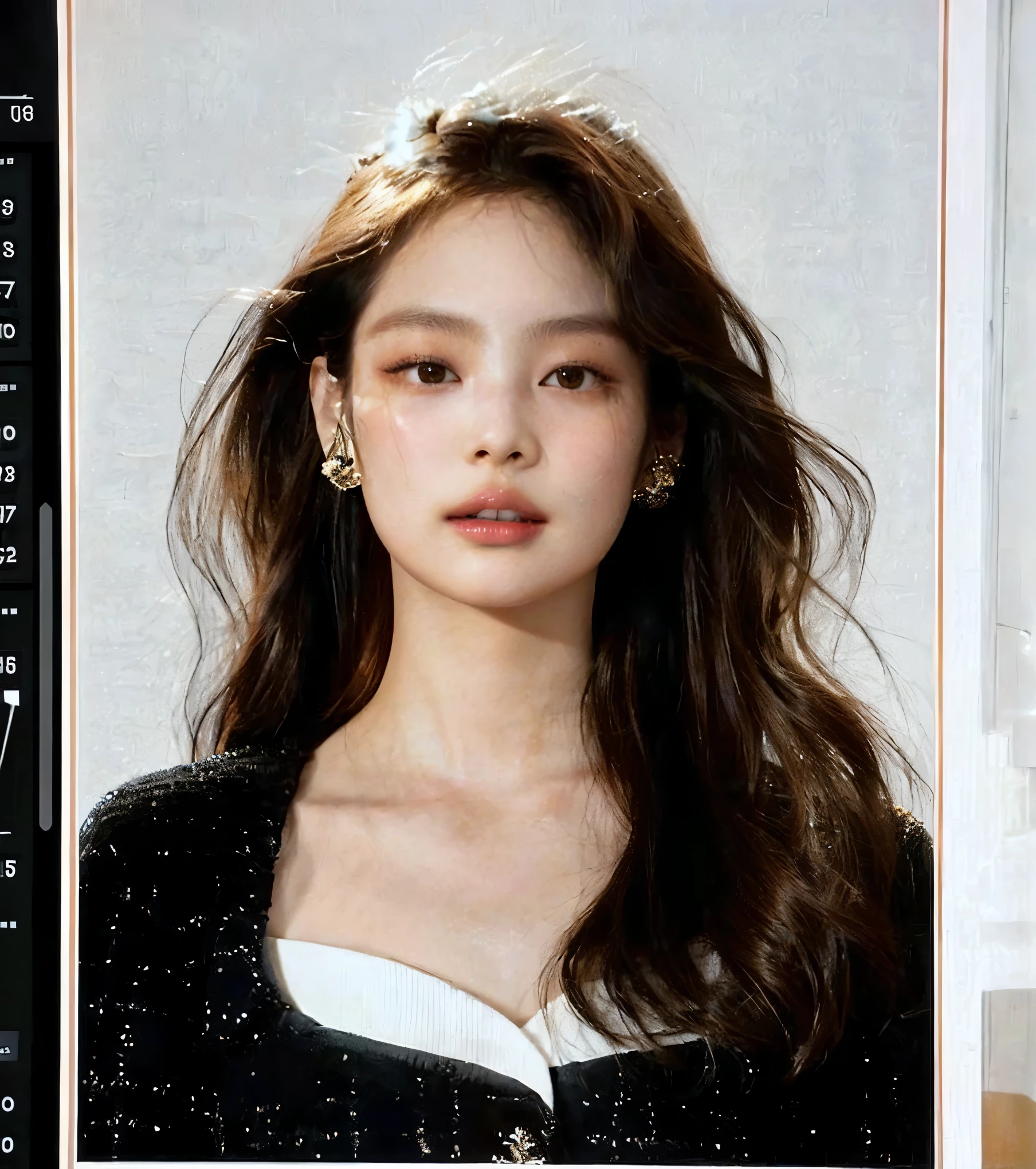 a close up of a woman with long hair and earrings, photoshoot for vogue magazine, leaked image, editorial photo from magazine, magazine photoshoot, cover shot, glossy magazine photoshoot, wavy shoulder-length hair, photo from vogue magazine, retouched in photoshop, photoshopped, ruan jia beautiful!, taken in 2 0 2 0, song hye - kyo, magazine photo , blackpink jennie , blackpink Lisa , asian famale face , cute girl , Korean famale , Orange hair, orange