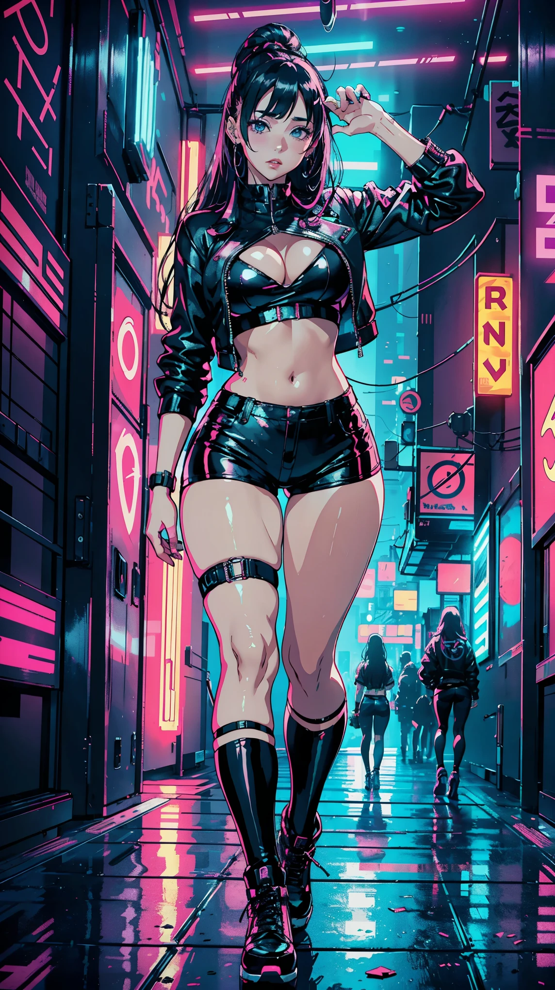 (Hinata Hyuga, Very sensual, In tight clothes, Big Ass, Thick legs, leather jacket, Laser Shorts,lingerie, Navel comes out, Long Hair, Rear speakers, Very realistic, View of the Cyberpunk City, Clearly defined lines, Neon Lights Very , 8k, 8k Very detailed), (Very delicate and beautiful), (masterpiece), (BettQuality: 1.0), (Ultra-high resolution:1.0), ((Synthwave Background Theme)), turn around