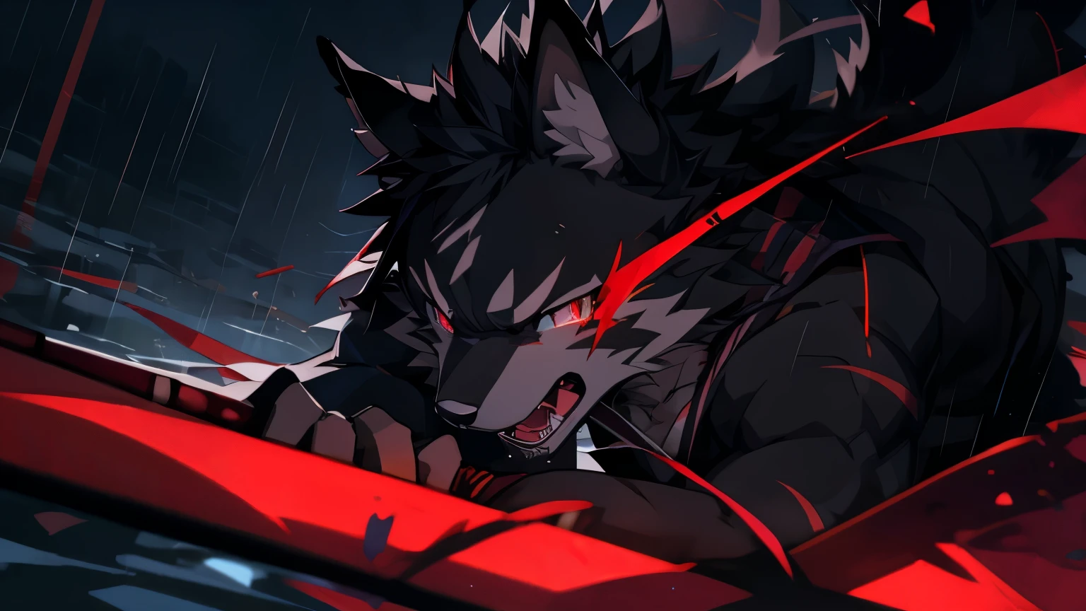 samurai,Yandere,Yandere,Yandere,Yandere,Yandere,Yandere,crazy,((best quality)), ((masterpiece)), (detailed),only male,male focus,bara,perfect face,solo,kemono,night,rainy,thunder,black fur,golden stripes,anthro black wolf,yandere,blood,Lingering,pupil dilation,a dull gaze,Yandere,The clothes were stained red with blood,The body stabbed by a knife was bleeding all over the ground..,The wound on my arm bled a lot,katana,crazy,guro