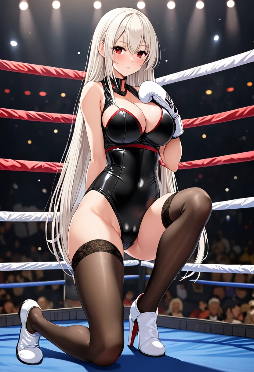 high quality,The beauty of maturity,White straight hair,Red Eyes,Shy,blush,Wear sex costumes,Black garter stockings,High heel,Wearing white boxing gloves,Cleavage,Large Breasts,Camel toe,Long legs,Thin waist,Vest line,Absolute Domain,Sit in the ring,Legs open