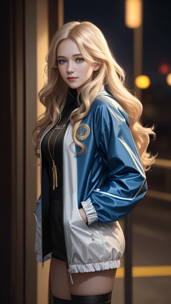A  girl with a beautiful face, long wavy blond hair, pale skin, mysterious smile, bright and piercing eyes. Wearing a windbreaker, styled by a fashion magazine. in the night city, hot, gorgeous, full body , perfect light perfect composition Beauty Award winning masterpiece Artstation 8 k Artgerm Mucha Dim Volumetric lighting Octane 18 k Beautiful detail rendering. post processing, portrait, exaggerated detail, complex, grand composition, cinematic lighting, masterpiece, trending art station, high detail, masterpiece, beautiful, 18k , HDR, smooth, sharp focus, high resolution.