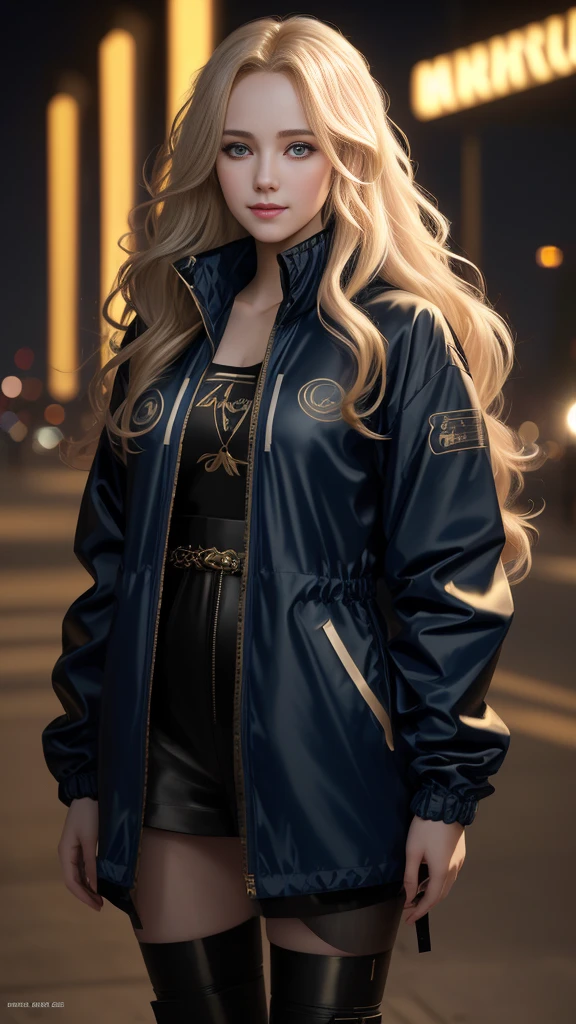 A teenage girl with a beautiful face, long wavy blond hair, pale skin, mysterious smile, bright and piercing eyes. Wearing a windbreaker, styled by a fashion magazine. in the night city, hot, gorgeous, full body , perfect light perfect composition Beauty Award winning masterpiece Artstation 8 k Artgerm Mucha Dim Volumetric lighting Octane 18 k Beautiful detail rendering. post processing, portrait, exaggerated detail, complex, grand composition, cinematic lighting, masterpiece, trending art station, high detail, masterpiece, beautiful, 18k , HDR, smooth, sharp focus, high resolution.