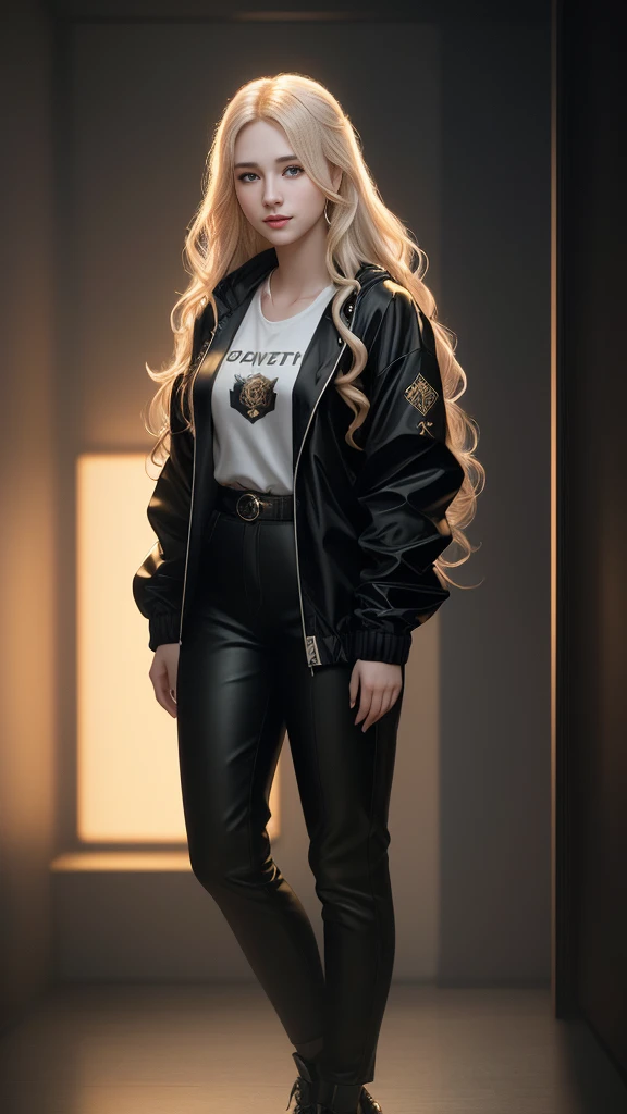 A teenage girl with a beautiful face, long wavy blond hair, pale skin, mysterious smile, bright and piercing eyes. Wearing a windbreaker, styled by a fashion magazine. in the night city, hot, gorgeous, full body , perfect light perfect composition Beauty Award winning masterpiece Artstation 8 k Artgerm Mucha Dim Volumetric lighting Octane 18 k Beautiful detail rendering. post processing, portrait, exaggerated detail, complex, grand composition, cinematic lighting, masterpiece, trending art station, high detail, masterpiece, beautiful, 18k , HDR, smooth, sharp focus, high resolution.