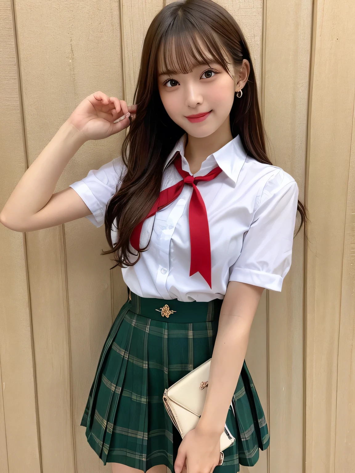 highest quality、figure、 Cleavage、Ultra-detailed、High resolution、8k wallpaper、Perfect dynamic composition,、Beautiful fine details、Natural color lip、Bold sexy pose、smile、16-year-old girl、cute、Sexy shot looking at the camera、(highest quality: 1.3), (masterpiece: 1.3), (Super Detail: 1.3), (One Girl: 1.1), (Detailed hands and fingers:1.2)、(Ultra-oily, lustrous skin with attention to detail:1.1)、Oily shiny knee socks、(The perfect school girl uniform:1.3)、Short-sleeved shirt with front opening、Cleavage、sexy、(Beautiful shapely small breasts:1.3)、(Red mini skirt:1.2)、I can see your thighs、Brown Hair、Twin tails、Beautiful sister、Yellow wall,sexy、I can see your thighs、