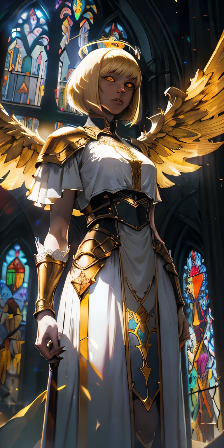 low angle, from below, paladin templar lady in white tabard, legwear, glowing yellow eyes, collar, golden chainmail, , , angel wings, pauldrons, halo, bob cut, blonde, eye focus, red cape, temple indoors, decorations, stained glass windows, night, particles, chromatic aberration, detailed, cinematic, dark scene, fantasy