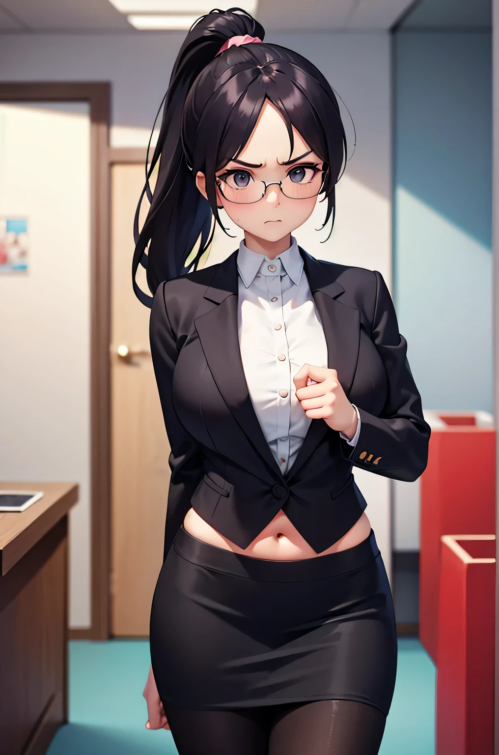 super fine illustration, vibrant colors, masterpiece, sharp focus, best quality, depth of field, cinematic lighting, ultra detailed, sleeves, crop top, business outfit, pencil skirt, office lady, belly button, tummy, midriff, wide hips, 1 woman, home, solo, milf, folded ponytail, dark color hair, glasses, slender, blush, angry, room, indoors, mature female, tall woman, looking down, v-shaped eyebrows,