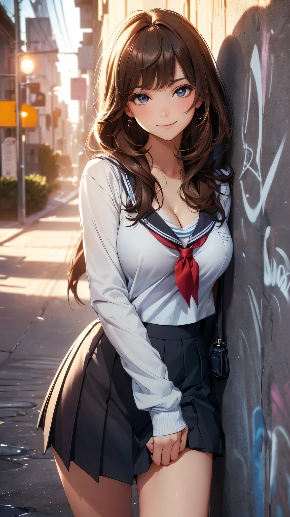 masterpiece, top-quality, the Extremely Detailed CG Unity 8K Wallpapers, Ultra-realistic 8kCG, erfect artwork, The perfect female figure, Dramatic shadows, (spot light, Perfect litthing, Detailed light, (((1girl in))), ((Sharp face)), ((Brown hair, waved hair)), (((sexypose))), Model body type, Navel is visible, large full breasts, ((cute face)), (gently smiling: 1.2), (asymmetrical bangs, beautiful eyelashes), Beautiful face, (beautiful chest line:1.2), (cleavage), beautiful a girl, Exquisite facial features depicting the perfect face, Cold, Naturally beautiful, Sweating, slenderbody, Light and beautiful thigh expression, hi-school girl, high-school uniform, a sailor suit, pleatedskirt, Loose Socks, In front of a wall full of graffiti, Night, (((Leaning on the wall, is standing))), awardwinning photo, detaile, realistic light and shadow, 8K resolution, Professional Lighting, (glistning skin:0.9), perfect hand, provocative smirk, sultry look, seductive,