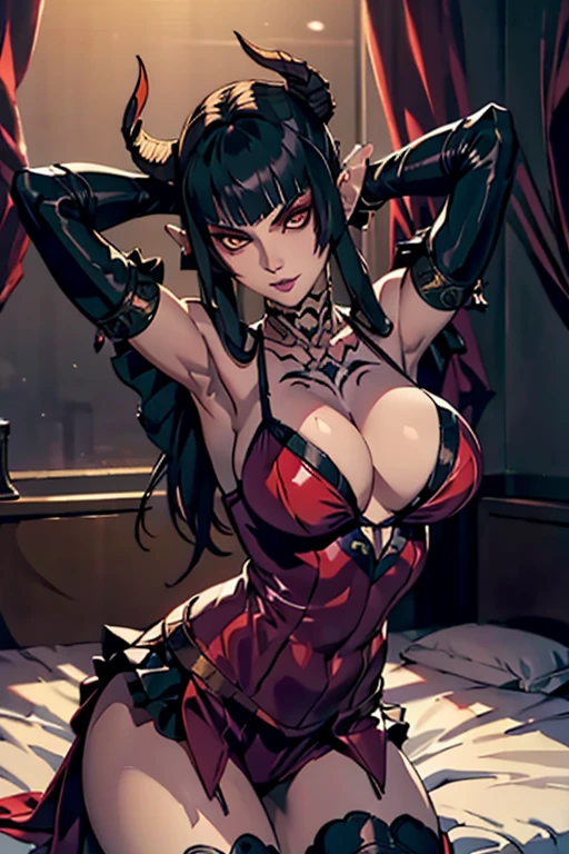 Eliza From Tekken, Olha sexy, blusinha preta casual, de sainha preta curta, pose sensual, in the bedroom with soft ambient lighting