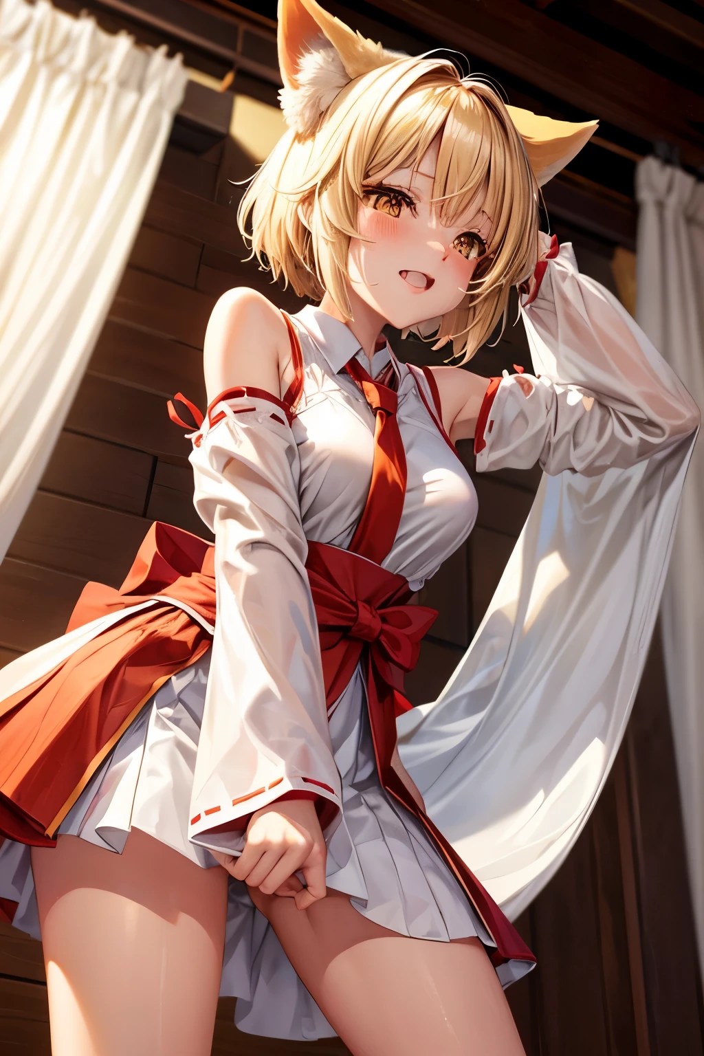 Fox Girl Blonde Short Hair Miko costume Crying and pretending to be a dog Put your hands together Four legs View from below