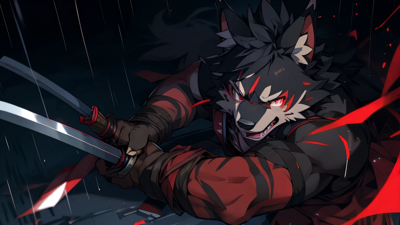 samurai,Yandere，Yandere，Yandere，Yandere，Yandere，Yandere，crazy，((best quality)), ((masterpiece)), (detailed),only male,male focus,bara,perfect face,solo,kemono,night,rainy,thunder,black fur,golden stripes,anthro black wolf,yandere,blood，Lingering，pupil dilation，a dull gaze，Yandere，The clothes were stained red with blood，The body stabbed by a knife was bleeding all over the ground..，The wound on my arm bled a lot，katana，crazy，guro