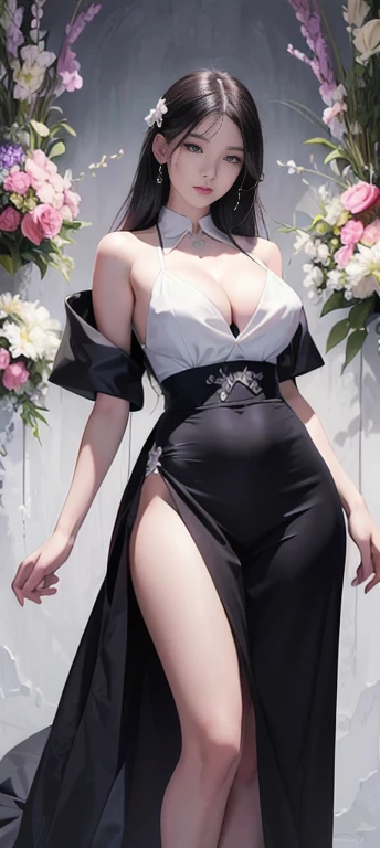 1 girl, Korean, masterpiece, changeable postures, Solitary, (((Large Breasts、Low-cut,Cleavage, Wide hips,)))((Long legs)),Hourglass figure,(zen Tangles, mandalas, Tangles, Tangles), (Flowers: 1.2) Official Art, Unity 8k wallpaper, Super detailed, aesthetics, masterpiece, best quality, photo realism, Shirts, Black skirt, photo, Close-up of face, White skin, Big bright eyes, The nose is high and straight, (Pretty Face: 1.5), Smile, technical aesthetics, real