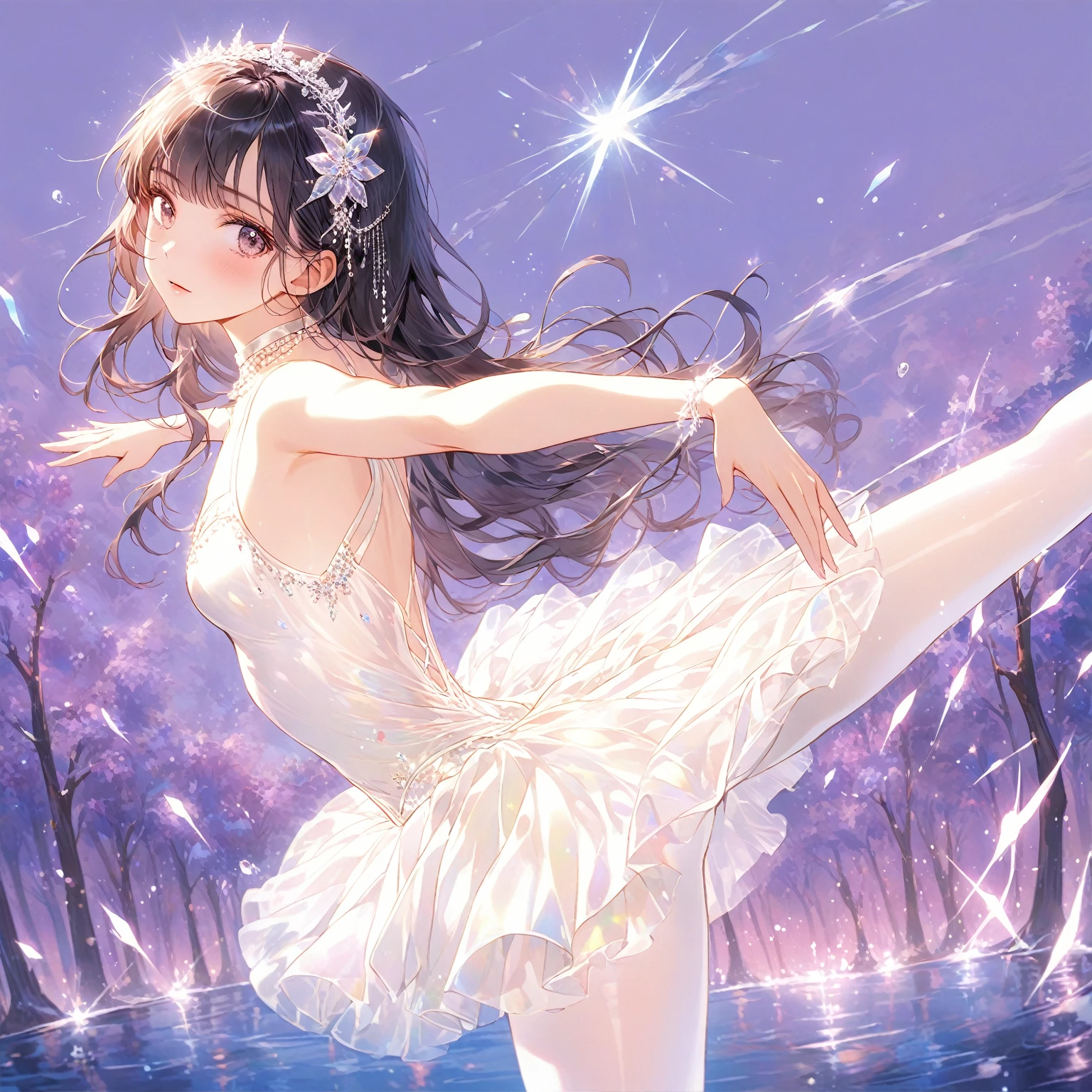 masterpiece, best quality, high resolution, extremely detailed CG, absurdres, 1girl, solo,fantasy, Dramatic lighting, ((glitter effect)), ballet , Swan Lake , ballet swan lake , Lake in the deep forest , A prima donna girl gracefully dances ballet in the moonlight on a mysterious lake, dynamic pose , ((luxurious and delicate white tutu)), white pantyhose, long hair, (extremely detailed background:1.6), (((best hands))), score_9, score_8_up, score_7_up, source_anime,holography