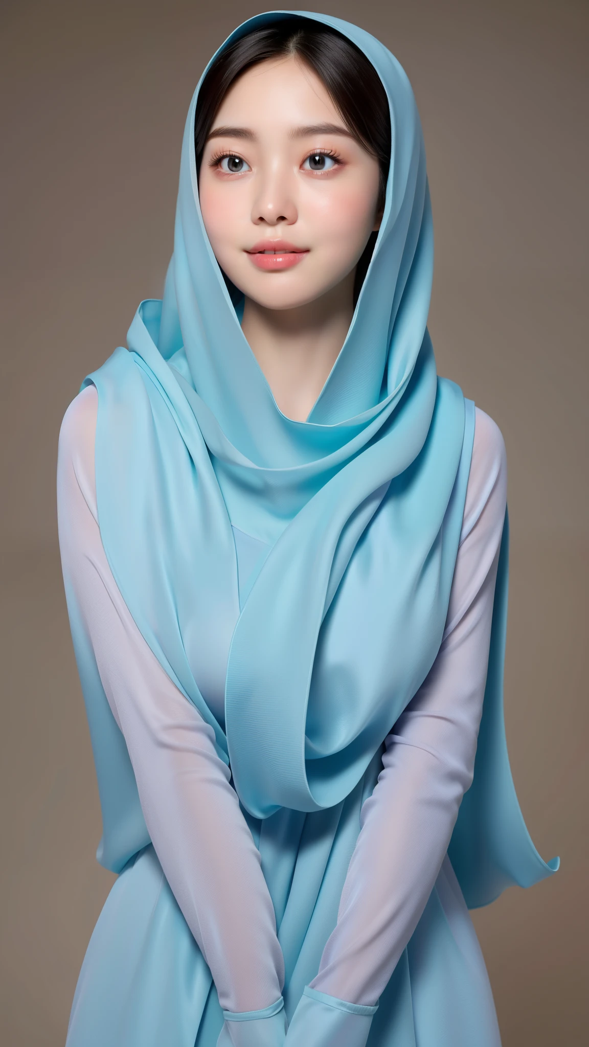 (Masterpiece: 1.4, Best Quality): This exquisite 8k wallpaper showcases full body portrait of A 18 years old Korean girl in elegant detail. Dressed in a full covered cloth long, beautiful light blue hijab and jubba thobbe, she exudes an air of tranquility and aesthetic beauty. The perfect lighting illuminates her every feature, revealing intricate details of her slim body and medium-sized, covered breasts. Her face is a portrait of perfection, with highly detailed facial features including subtle blush and a captivating expression that plays with the eyes, rolling, crossed, or simply expressive. The background is equally detailed, bursting with unity and realism. (Solo)