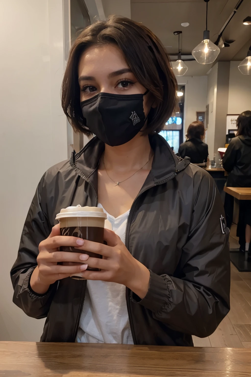 A cute short brown haired girl, taking a selfie at a coffe place, wearing a black face mask, wearing a grey windbreaker jacket, selfie pov