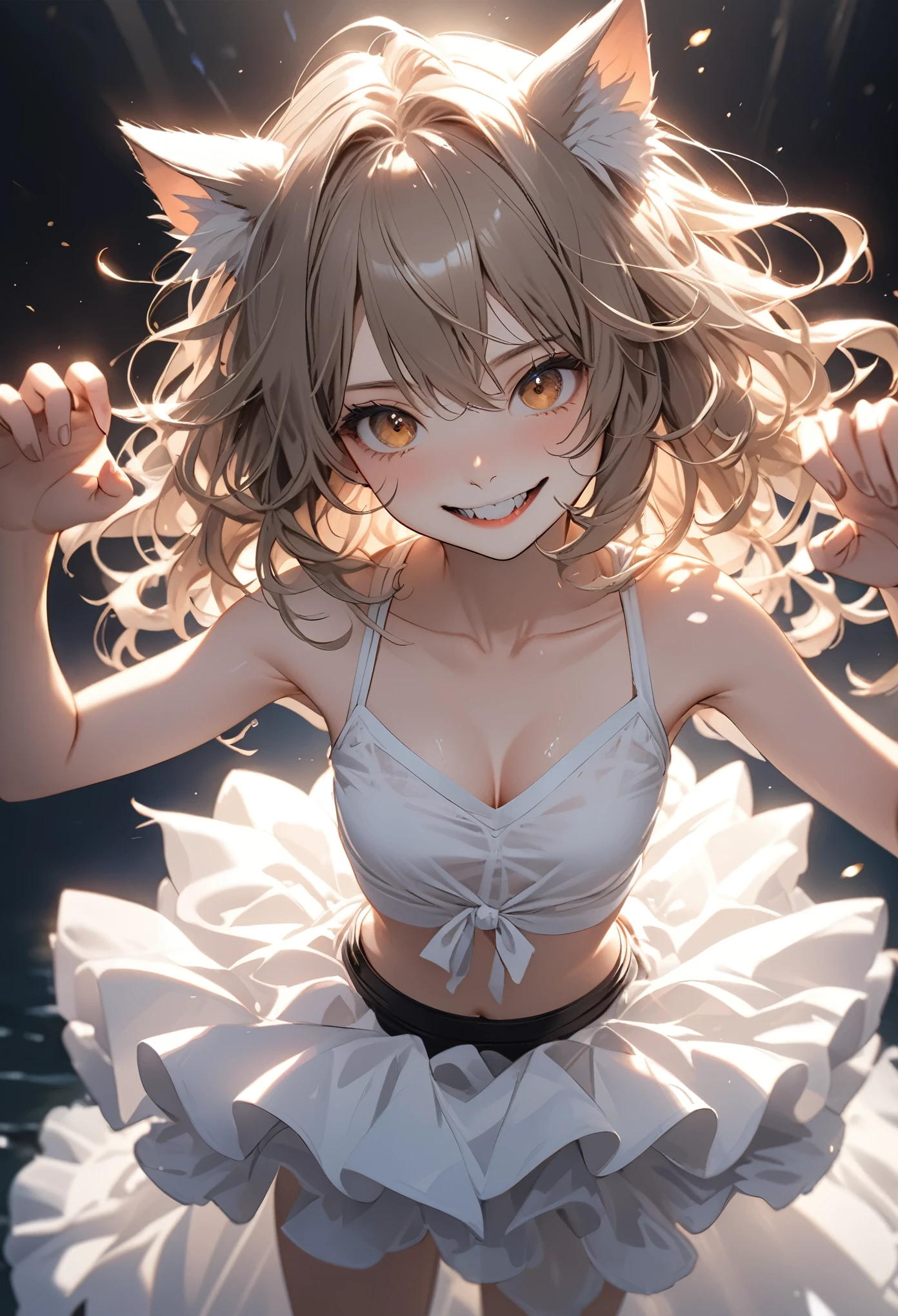 ((Masterpiece)), (Anime:1.3), ((best quality)), (Professional Photography:1.3), (super detail:1.2), (High Definition:1.3), (), 8K, cinematic lighting, very messy medium hair, Cute teenage Beaul girl, (Healthy body), ((Wires tangled around the body)), (in the Lots of bare wiring in dim room), badly ragged oversized white-camisole, Slender small breasts, (anguished look), (open mouth), barefoot, Textured skin, cat ears, Pale brown hair, (slightly exposed small breast), (sharp focus), (perfect light),