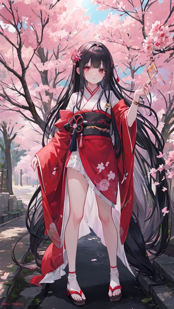 Nezuko Kamado, demon slayer 
japanese kimono with long hair, standing with visible feet wearing zori bambou sandales, surrounded by beautiful sakura trees,
under a beautiful shining sun light in a small paved road
