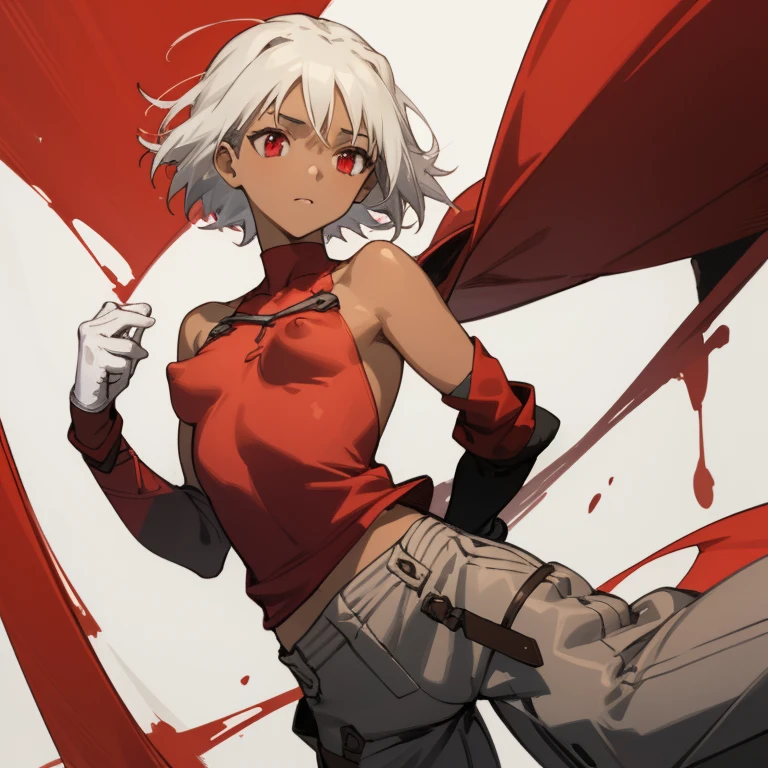 ((highest quality)), ((masterpiece)), (be familiar with),{{nsfw}}, CANAAN, 1 girl, alone, silver hair,brown skin,red eyes,long pants,red sleeveless,Clothes with a visible back, Slender,slender,short hair,small breasts, erect nipples,No bra, gloves, put your hand on your waist