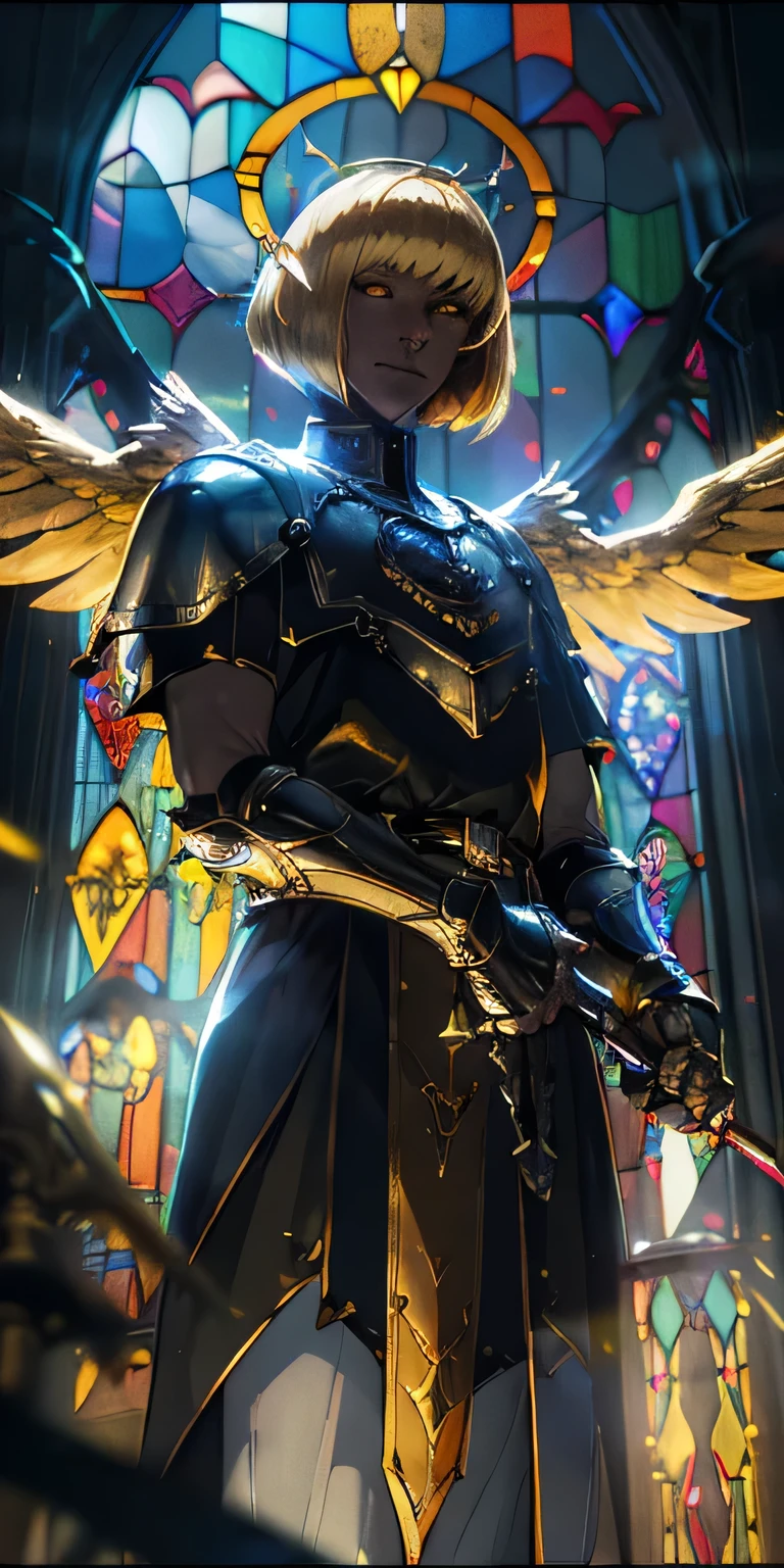 low angle, from below, paladin templar man,legwear, glowing yellow eyes, collar, golden chainmail, angel wings, pauldrons, halo, bob cut, blonde, eye focus, red cape, temple indoors, decorations, stained glass windows, night, particles, chromatic aberration, detailed, cinematic, dark scene, fantasy, full armor knight