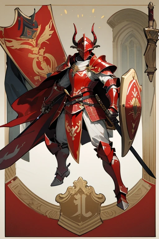 ((highest quality)), ((masterpiece)), (Familiar), One man,Fantasy,Red Knight,Full Body Armor,Red Armor,Red Armor,Golden decoration,White pattern,Full-face helmet,Two-horned helmet,大sword,sword,Cape,shield