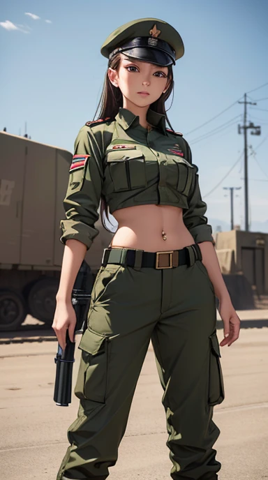 Women in crop top soldier uniform, soldier hat, exposed abdomen area, very low waist cargo pants, (navel piercing) , fat