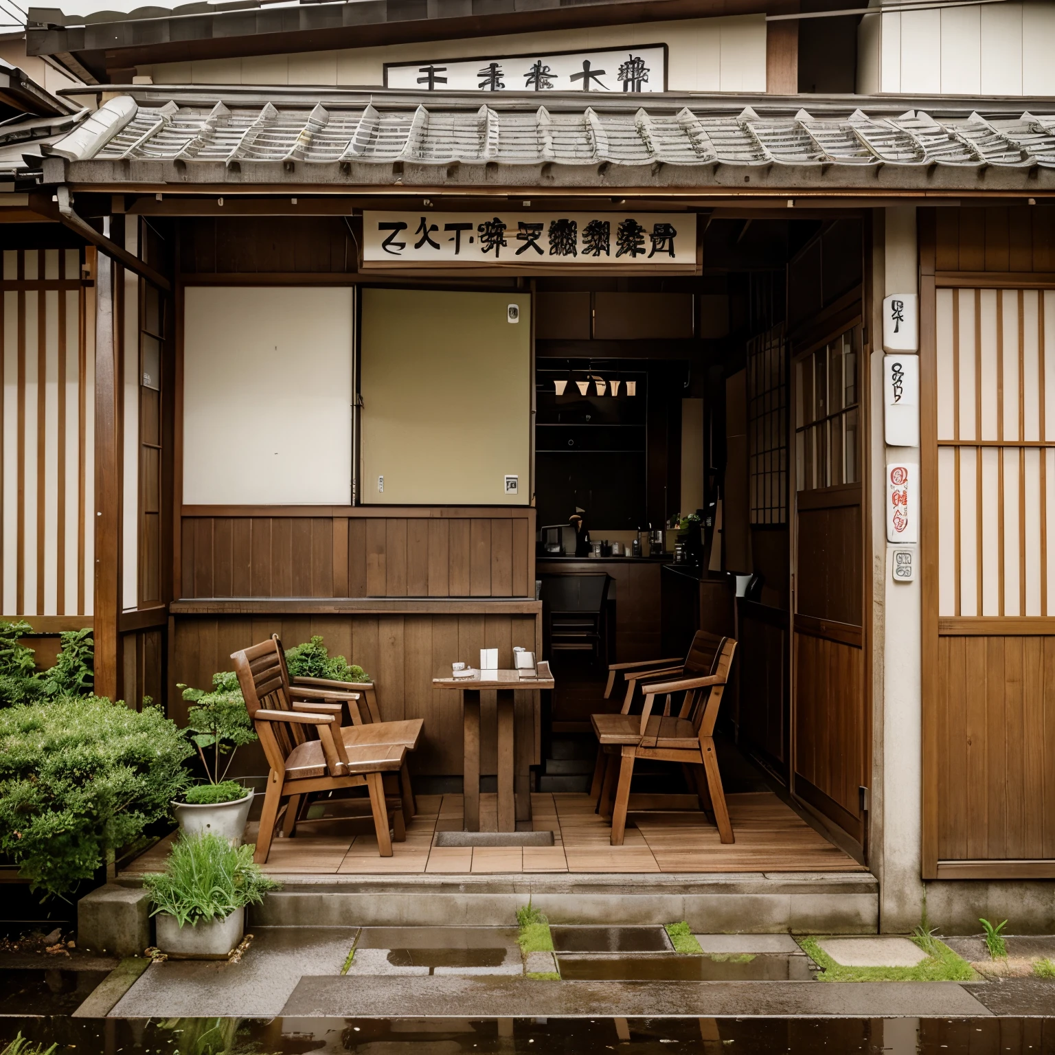 A small cafe in japan country side by the road while its raining
