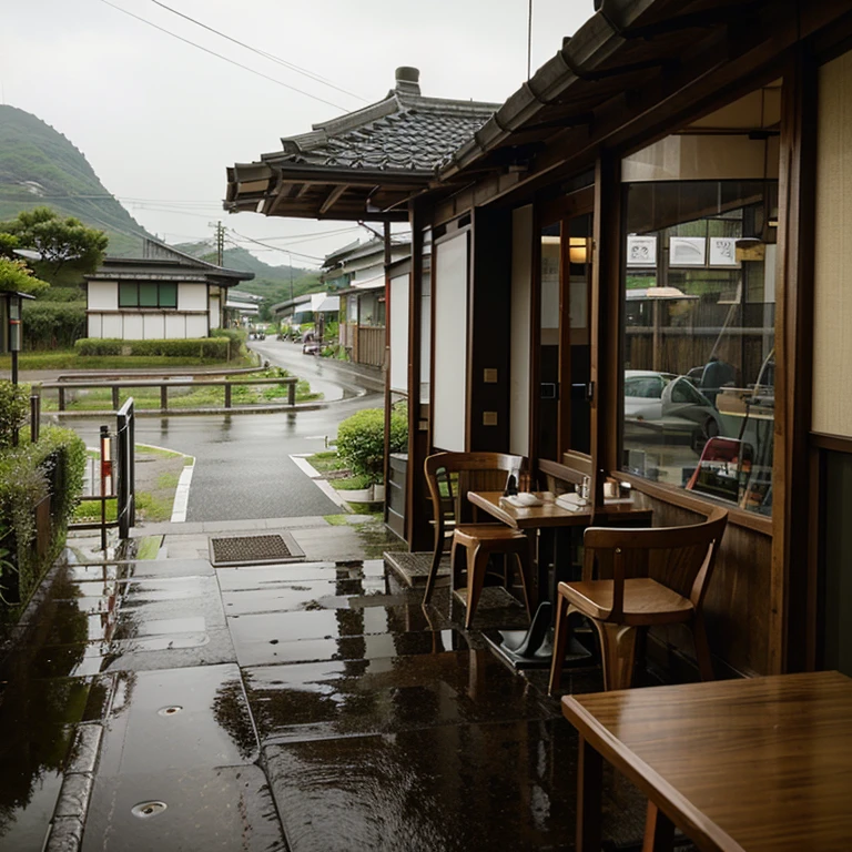 A small cafe with a table outside, in japan country side by the road while its raining