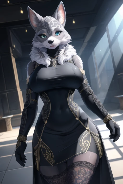 (best quality, highest quality, intricate, highres, 8k, anthropomorphic Sexy Pretty, furry, uploaded_on_e621:1.4), (furry:1.2), Grey fur, tail, colors elements on fur, Large breasts, clothed, destiny, (Black Bodycon dress:1.2), standing, idle pose, very happy, beautiful front view, pov, close-up, beautiful lights and shadows, ambient light, ultra-detailed fur, volumetric light