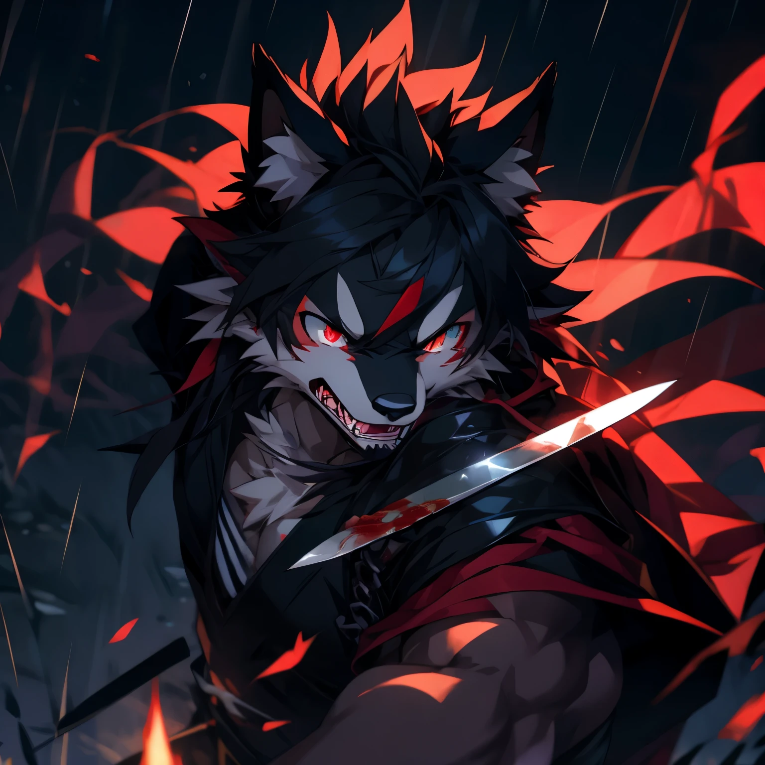 samurai,Yandere，Yandere，Yandere，Yandere，Yandere，Yandere，crazy，((best quality)), ((masterpiece)), (detailed),only male,male focus,bara,perfect face,solo,kemono,night,rainy,thunder,black fur,golden stripes,anthro black wolf,yandere,blood，Lingering，pupil dilation，a dull gaze，Yandere，The clothes were stained red with blood，The body stabbed by a knife was bleeding all over the ground..，The wound on my arm bled a lot，A knife in one hand，crazy，guro