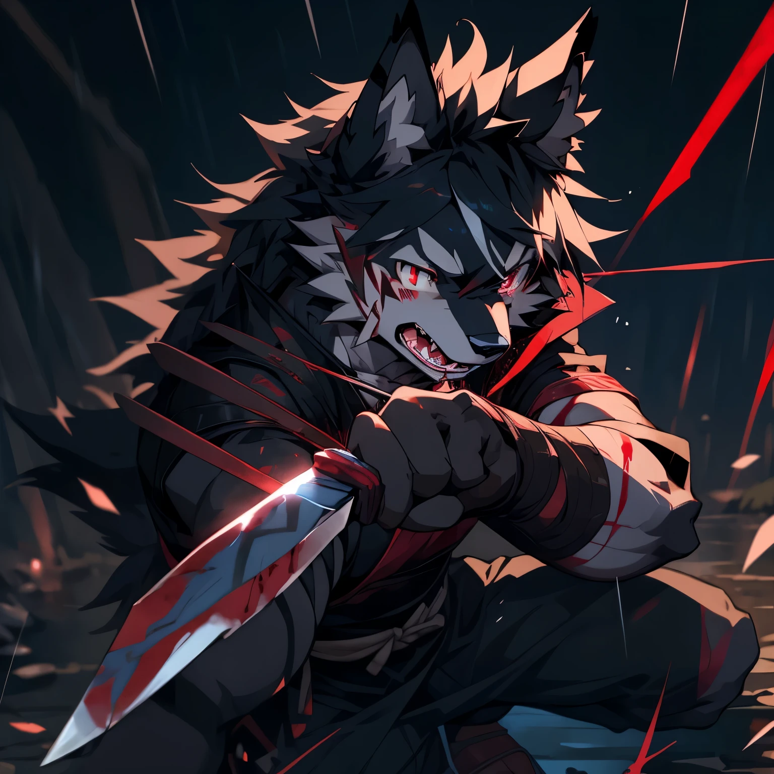 samurai,Yandere,Yandere,Yandere,Yandere,Yandere,Yandere,crazy,((best quality)), ((masterpiece)), (detailed),only male,male focus,bara,perfect face,solo,kemono,night,rainy,thunder,black fur,golden stripes,anthro black wolf,yandere,blood,Lingering,pupil dilation,a dull gaze,Yandere,The clothes were stained red with blood,The body stabbed by a knife was bleeding all over the ground..,The wound on my arm bled a lot,A knife in one hand,crazy,guro