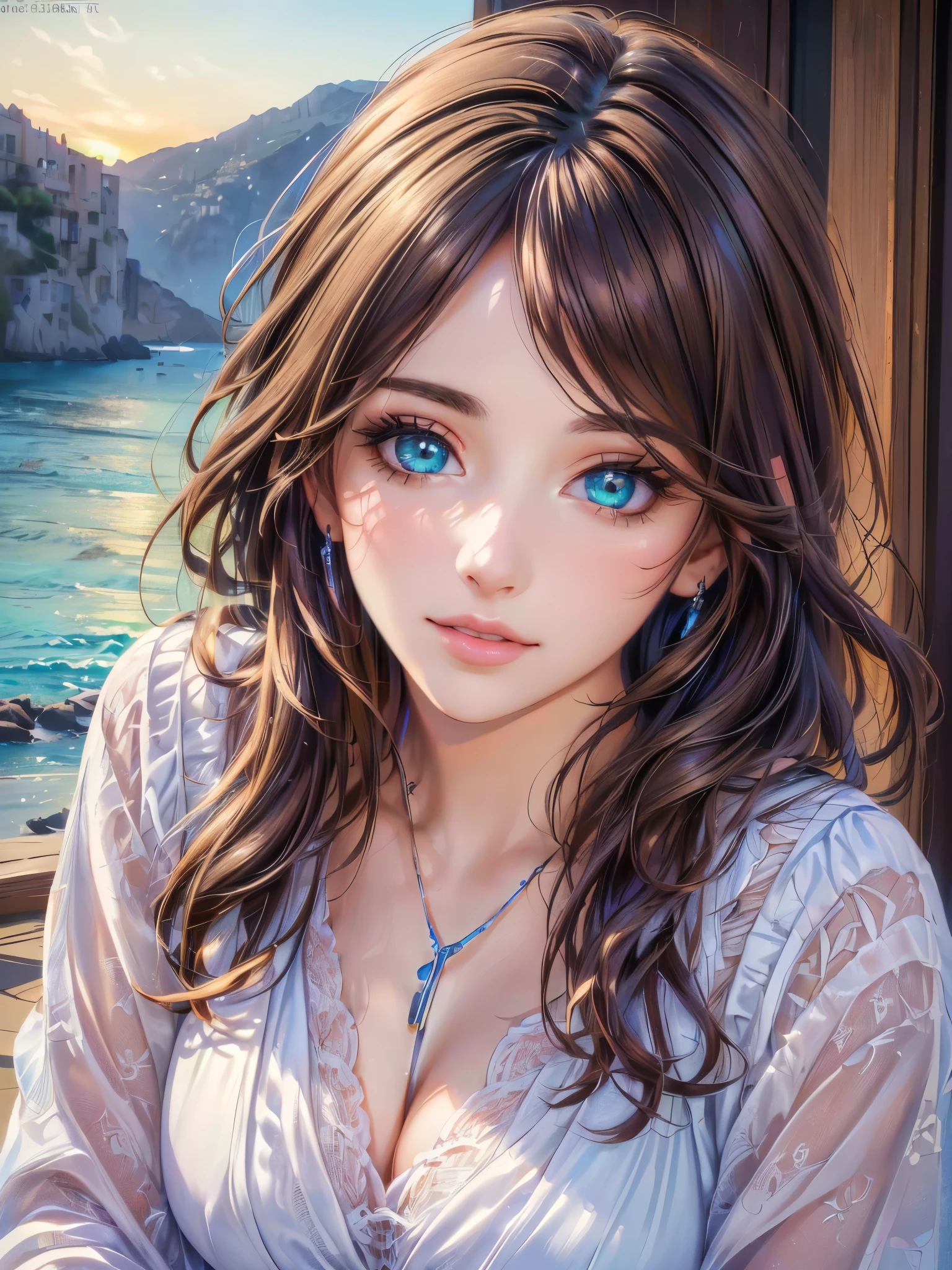 (Woman:1.1, Greece:1.1, portrait:1.1, anime), green eyes, sunset hour, (realistic:1.37, photography), Beach House at Greek island, (animation, realistic:1.37), brown hair, (beautiful detailed eyes:1.1, beautiful detailed lips:1.1, extremely detailed eyes and face:1.1, long eyelashes), vibrant colors, warm tones, soft lighting, (best quality, 4k, highres, masterpiece:1.2), (ultra-detailed, HDR, vivid colors), (realistic, photo-realistic:1.37), (landscape, concept artists).