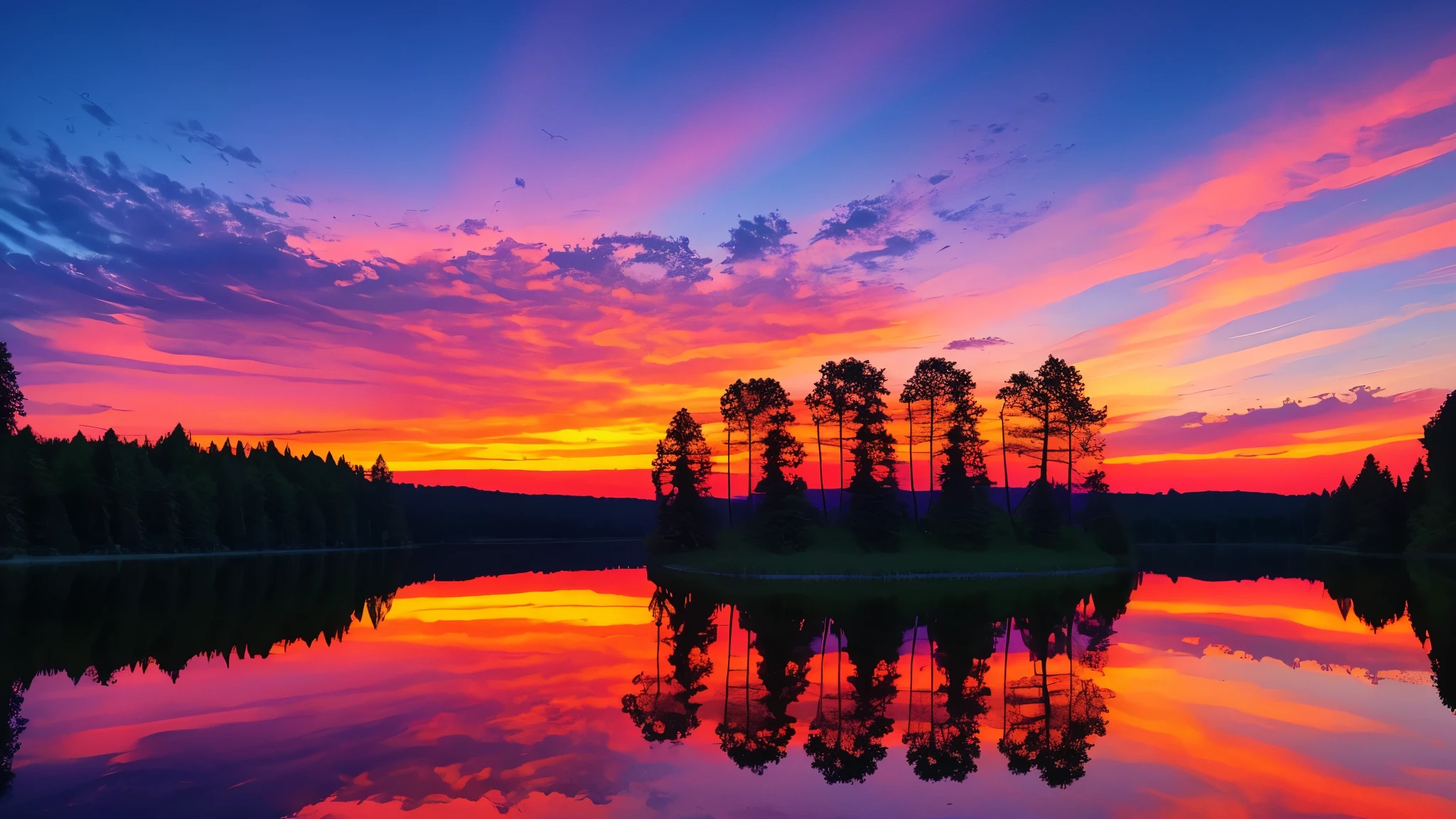 there is a beautiful sunset with a lake and trees in the background, colorful skies, surreal colors, colorful sunset, colorful sky, marvellous reflection of the sky, stunning sky, dream like atmosphere 8k, colorful clouds, colors reflecting on lake, surreal sky, red and blue reflections, fire reflection, beautiful sky, beautiful and spectacular dusk, beautiful dreamy landscape, amazing sky