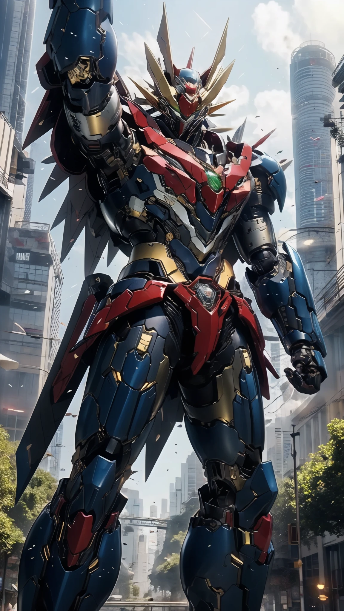 A man wearing a full-face helmet, a fantasy-style biotech armored combat suit, green eyes, (a composite layered chest armor), fully enclosed shoulder guards, matching arm and leg guards, the belt is adorned with Z mark, (the color scheme is primarily white with red and blue accents), the design balances heavy with agility, a high-tech bio-mecha armor, (Armor Concept Inspired by Mazinger Z, stand on the top of a skyscraper in a futuristic sci-fi city), this character embodies a finely crafted fantasy-surreal style armored hero in anime style, exquisite and mature manga art style, (battle damage, element, plasma, energy, the armor glows), ((male:1.5)), metallic, real texture material, dramatic, high definition, best quality, highres, ultra-detailed, ultra-fine painting, extremely delicate, professional, perfect body proportions, golden ratio, anatomically correct, symmetrical face, extremely detailed eyes and face, high quality eyes, creativity, RAW photo, UHD, 32k, Natural light, cinematic lighting, masterpiece-anatomy-perfect, masterpiece:1.5