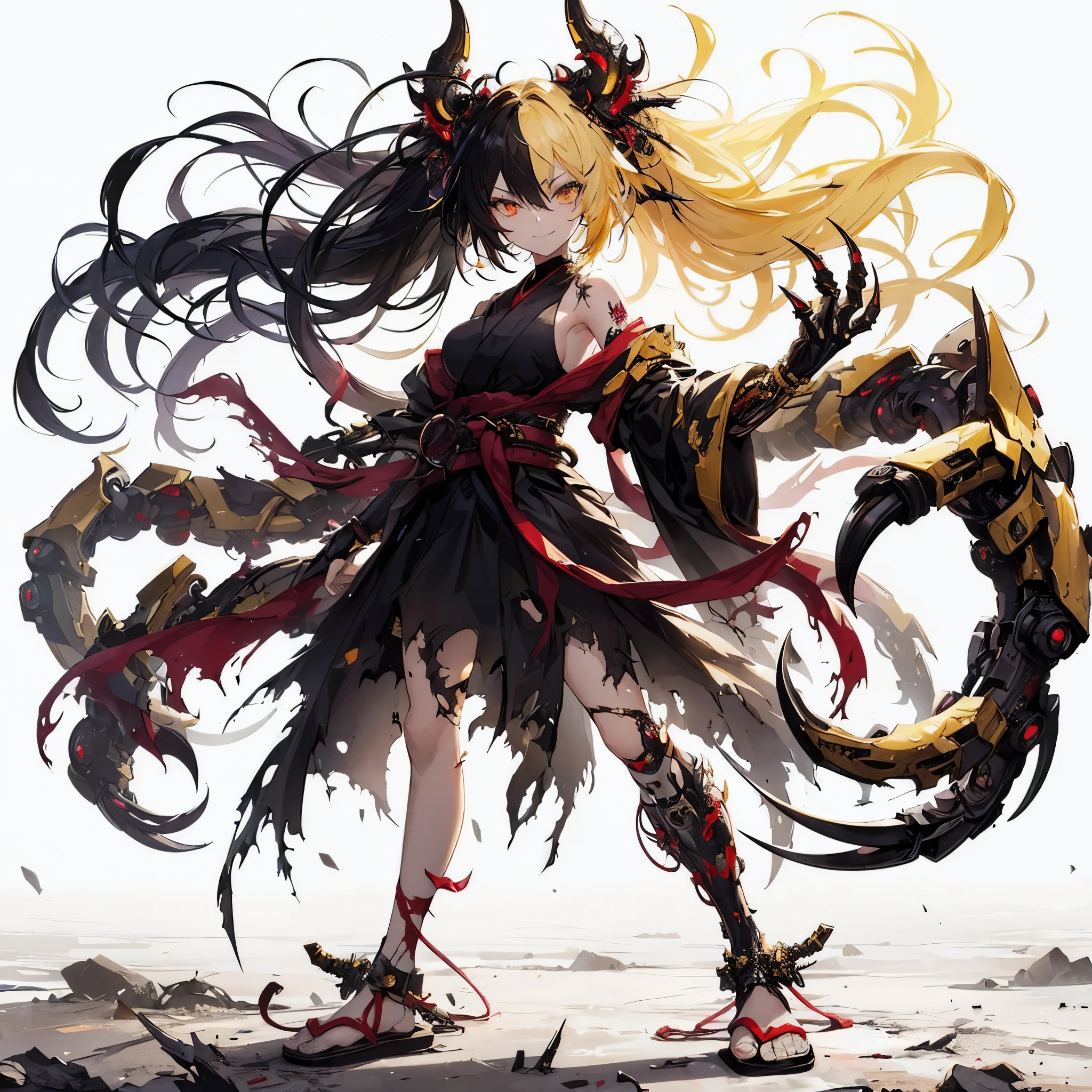 (masterpiece, Top quality), (Detailed hair), Super detailed, Anime style, whole body, Solitary, Cyberpunk beast girl, Neck-length black hair, Golden Eyes, The right hand turns into a mechanical horror claw. Internet Kimono, and a torn red scarf, Network Corner, Wearing tabi sandals, White background, whole body, standing in wasteland, Fighting Stance, victory smile