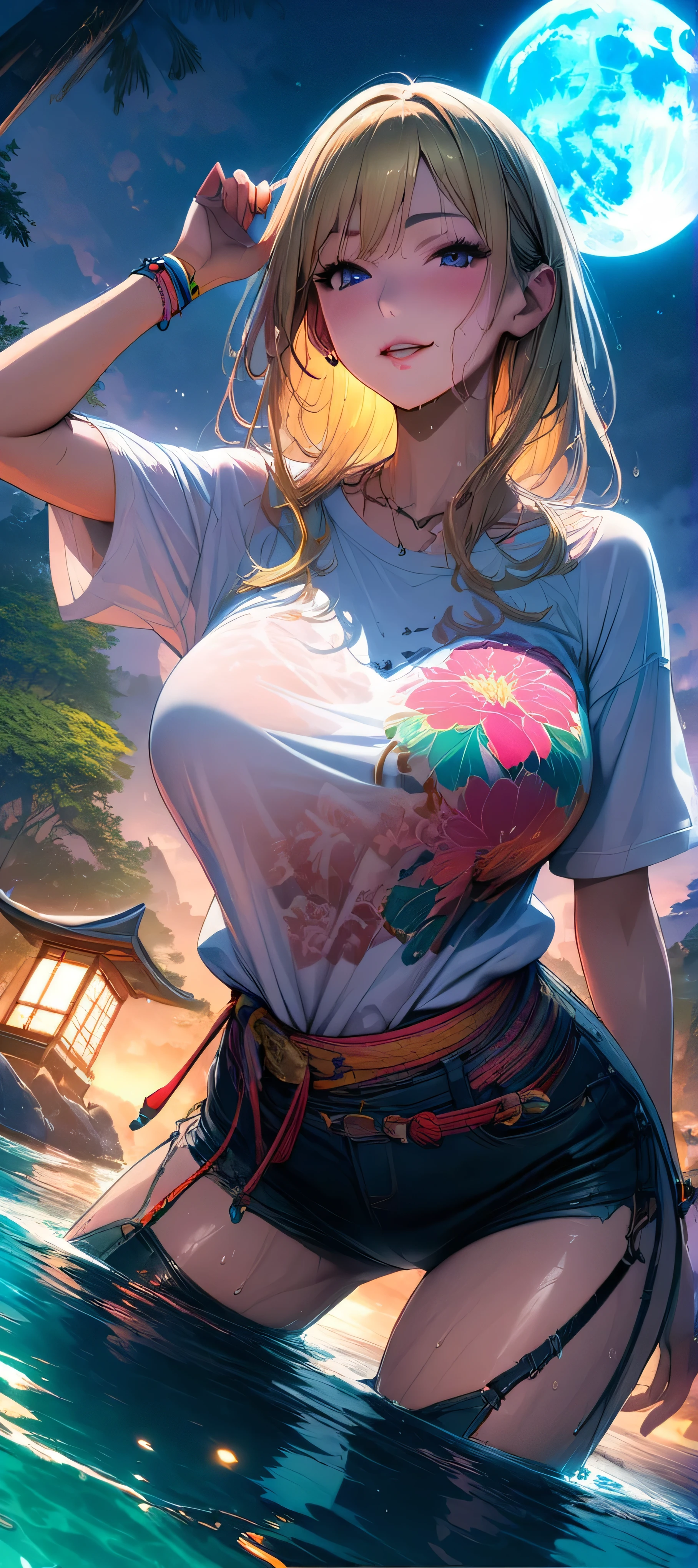 (masutepiece, of the highest quality, Best Quality, Official art, Beautiful and aesthetic:1.2), Extremely detailed,(Colorful:1.1),highest details, one arafed woman with blonde hair, big breasts, japanese tattoo, wet t-shirt, sfw, paridise island, night, blue moon