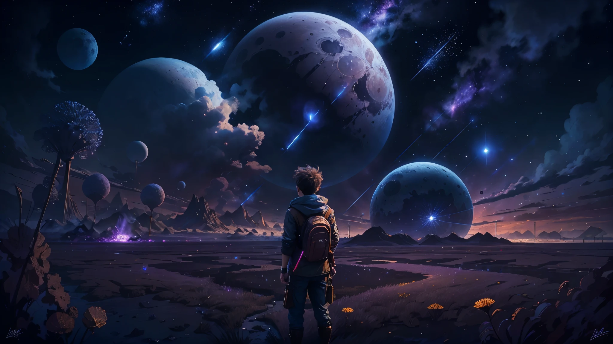 (Absurdres, Cinematic, UHD, higher, ultra detailed, ultra detailed), dark purple sky, nebula in the sky, 5 lattern in the sky, big moon in the sky, flying train, shooting star, dandelion field, mountain, boy looking at the sky, oil painting, detailed dandelion field, detailed flying train, detailed sky, sunset