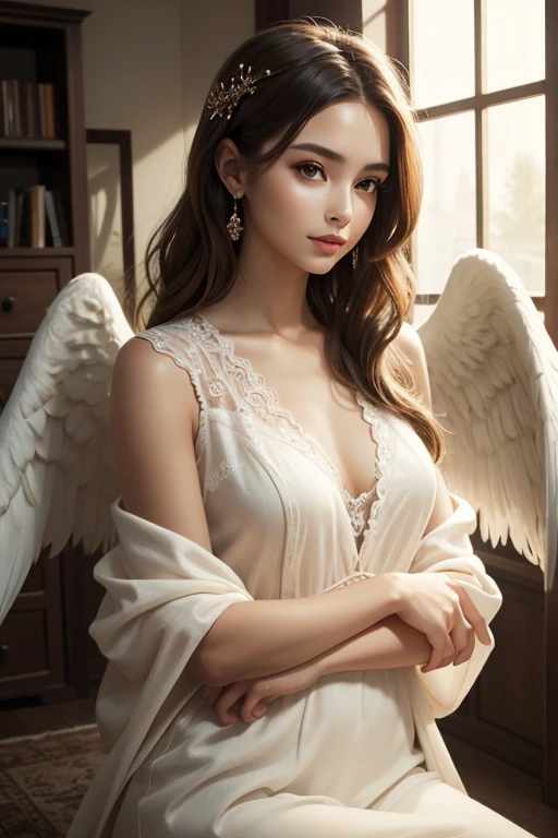 masterpiece, (best quality:1.2), [:intricate details:0.2], 1girl, large breasts, angel, angel wings, white frills, (daytime sky), shimmering aura, intense focus, crackling energy, mysterious symbols, sparkling motes,