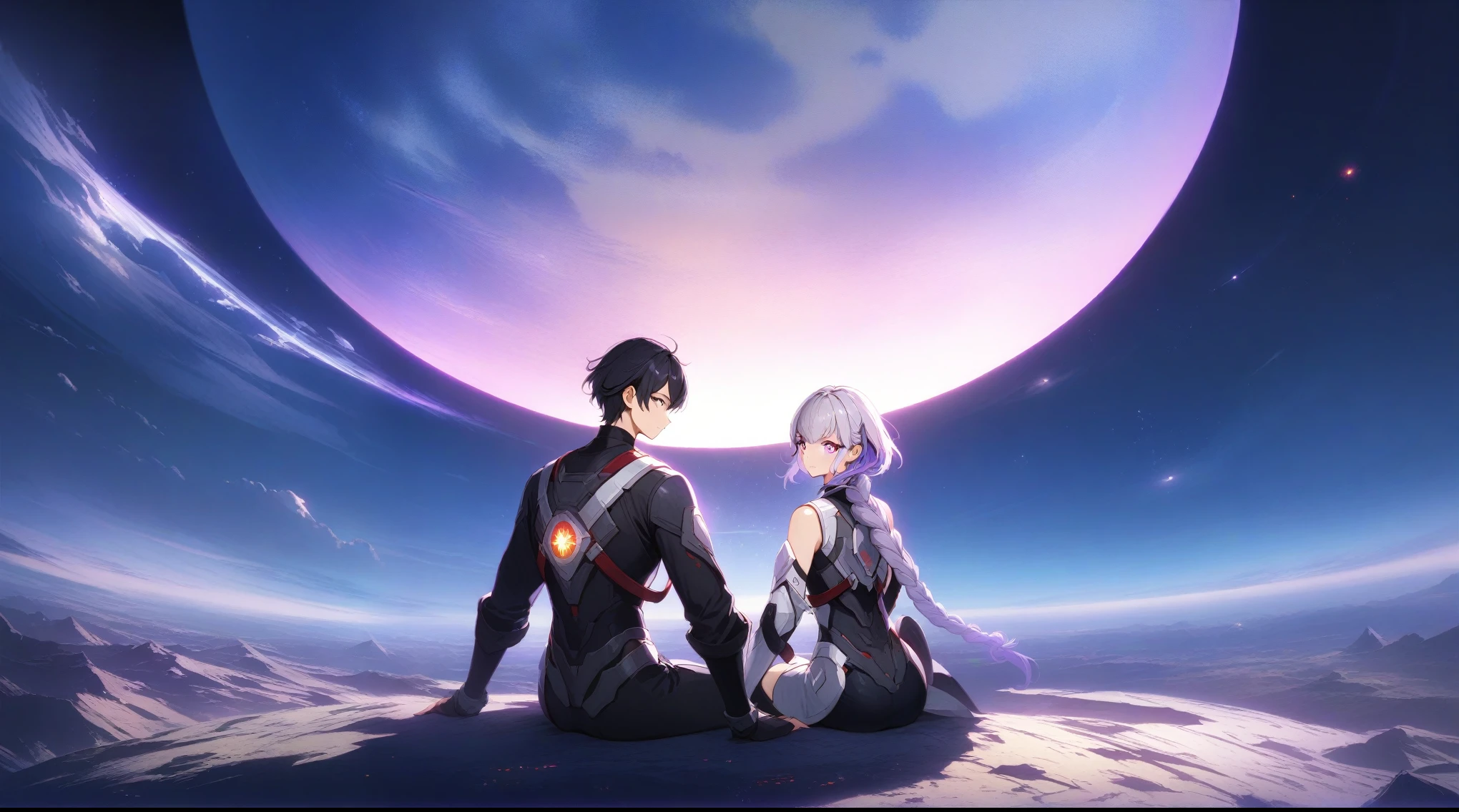 from back, a couple sitting on the Moon's rough surface, look at each other, 1girl and 1male, smile,yinji,1girl,(twin braids),purple_hair,purple_eyes,very_long_hair,grey_hair,braided_ponytail,gradient_hair,BREAK 1male,( black hair,short hair), shirt,(Red pupils), huge Earth in the distance.  a dark, starry space background with the glowing Earth. The Moon's surface is rocky and textured. Soft lighting from Earth and ambient space casts gentle shadows. The style blends realism and anime with detailed character designs and realistic environmental elements. Masterpiece, highly detailed, intricate textures, soft lighting, realistic environment, anime style, futuristic clothing, serene mood