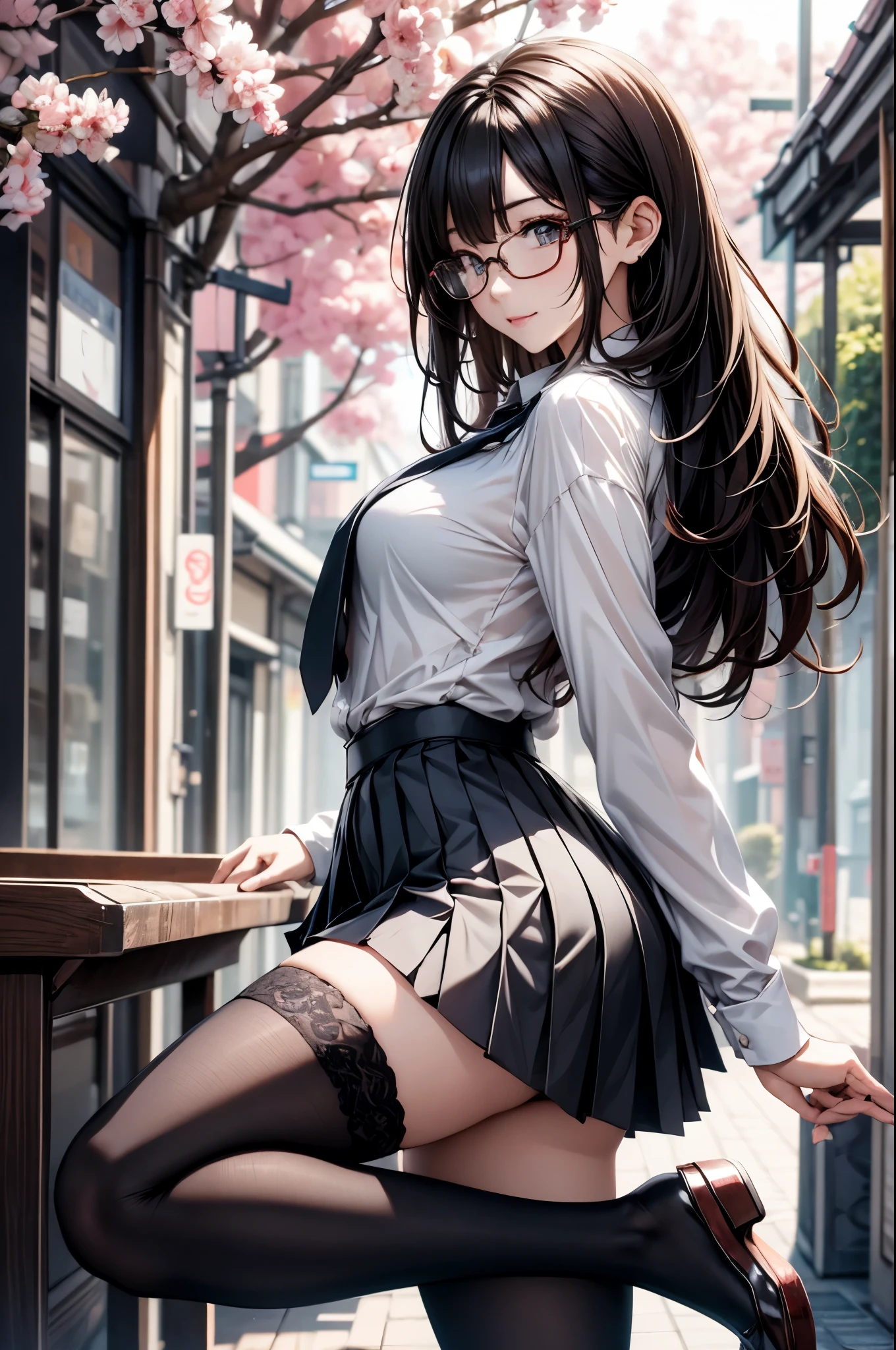 ((best quality)), ((masterpiece)), (detailed), (High contrast natural side daylight, Dynamic lighting, movie lighting), 動漫Wind格, (((whole body))), Cute Japanese girl, ((dorsal view, Look back)), looking at the audience, Smooth and fair skin, Exaggerated super long hair, Black straight hair wavy head and tail, 長髮隨Wind飄揚, ((Super fine hair quality)),  Looks cute, long upper eyelashes, thin eyebrows, big eyes, Amber pupils, Ultra-detailed eyes, Slightly blush, Smile, Exquisite rimless glasses, Detailed glasses, Detailed face, detailed face, Small nose, Small lips, rest, 
((symmetrical clothes, Uniforms, white collar button down shirt, Black pleated student skirt, dark stockings, Dark student shoes)), Perfect clothing texture, perfect body structure, attractive body shape, Long and sexy legs, Perfect foot quality, Perfect hand quality, beautiful limbs, Beautiful fingers, rest, (美麗的Wind景), (微Wind戶外), Quiet Japanese city broad streets, Spring morning, (Wind), (Cherry blossoms), whole body影像, ((Perfect composition)), highlight the subject, (Detailed background:1.5), original photo, CG Unity, photography, Surreal details, Be focused, (Deformed depth of field blurred background), [[color saturation]], (日系Wind格照片:0.3),