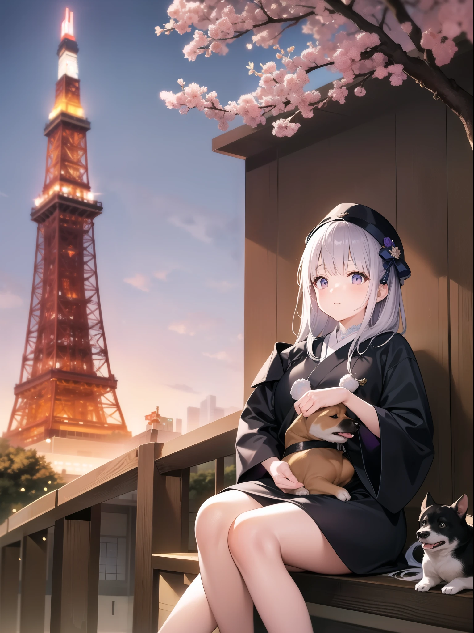 Illustration of a Japanese woman and her dog sitting in front of Tokyo Tower。The woman wears a white hat、Dressed in black。Tokyo Tower should be the most prominent、The woman is small and in the foreground.。She is holding a small dog on her lap。With the illuminated Tokyo Tower in the background、Winter Tree々You can see。