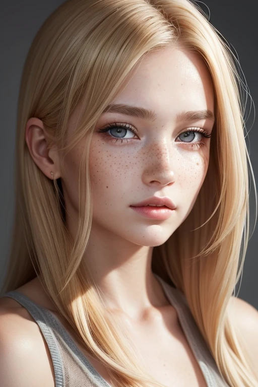Very beautiful young woman, freckles on nose, Golden hair, grey-eyed,style of natural denude, photorealistic