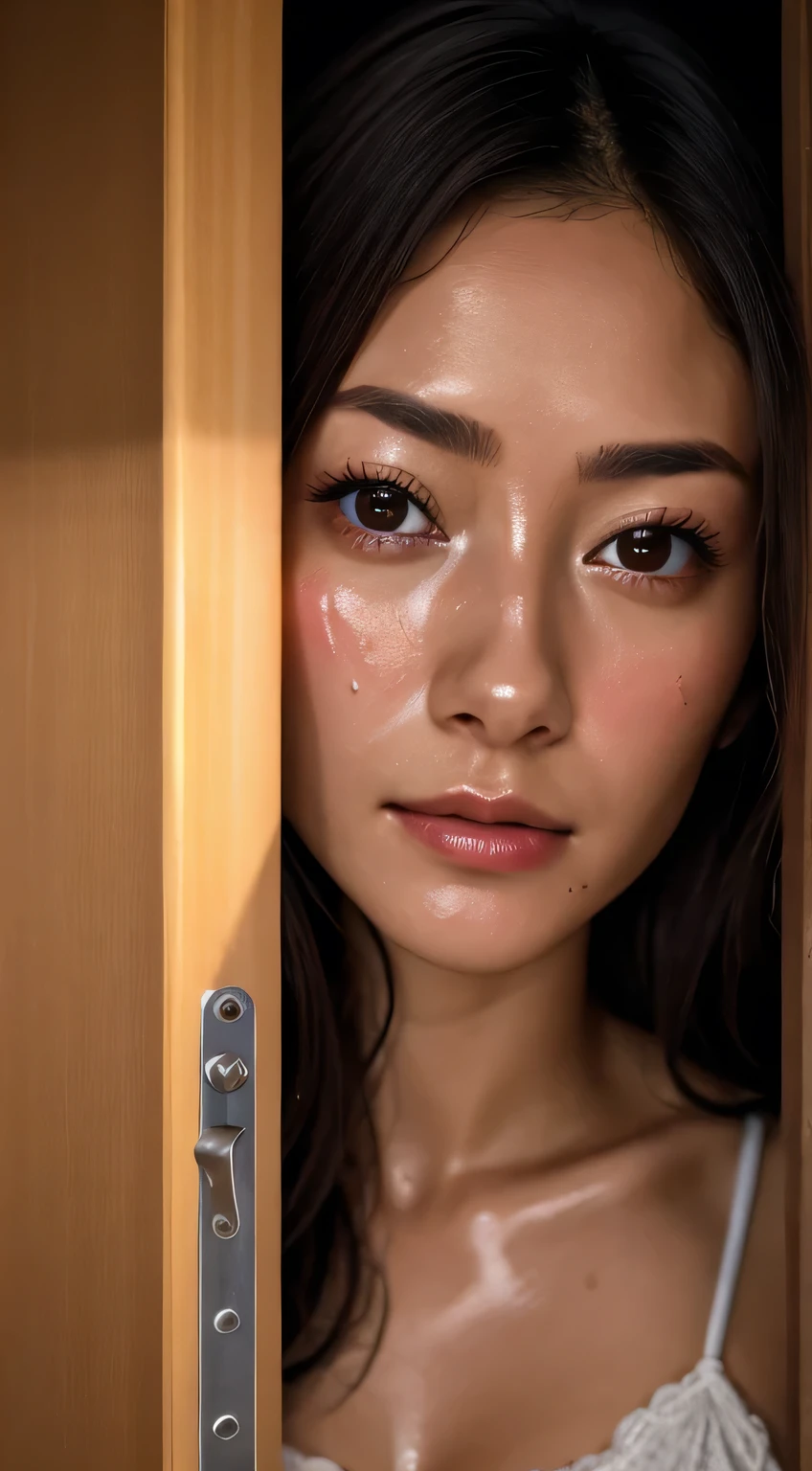 UHD, retina, ccurate, anatomically correct, textured skin, high details, highres,Beautiful Japanese Actresses,1 girl,Toilet open door, doorway,open doordoorway,Face close-up,((oily skin))Sweat glistens from my pores,camisole,