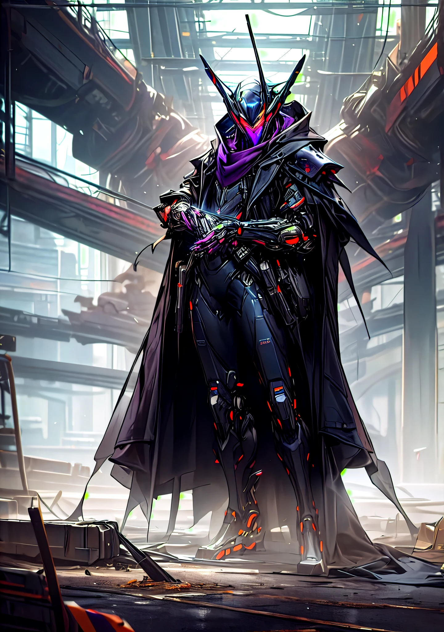 dark_fantasy, Cyberpunk, (Black purple: 1.1), 1 person, Mechanical wonder, exist, whole body, Armor suit, shawl, ((Black coat)), Glowing eyes, Mecha long skirt,