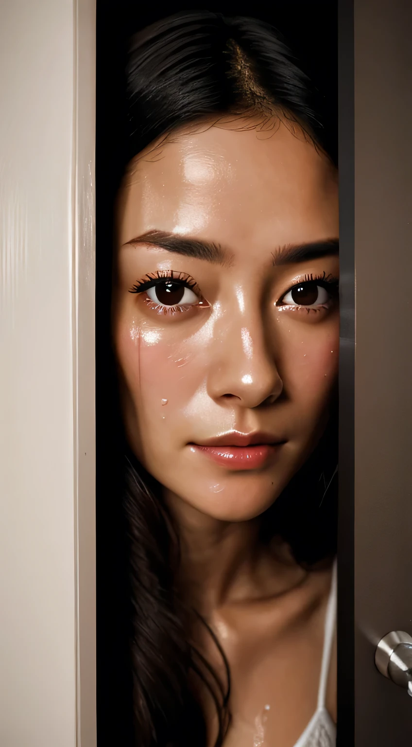 UHD, retina, ccurate, anatomically correct, textured skin, high details, highres,Beautiful Japanese Actresses,1 girl,Toilet open door, doorway,open doordoorway,Face close-up,((oily skin))Sweat glistens from my pores,camisole,