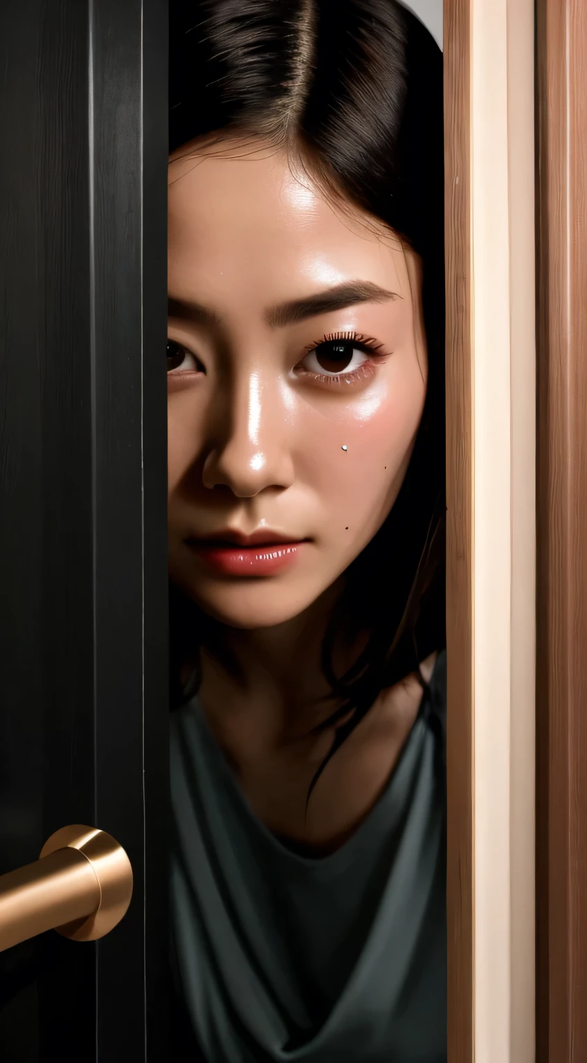 UHD, retina, ccurate, anatomically correct, textured skin, high details, highres,Beautiful Japanese Actresses,1 girl,Toilet open door, doorway,open doordoorway,Face close-up,((oily skin))Sweat glistens from my pores,camisole,