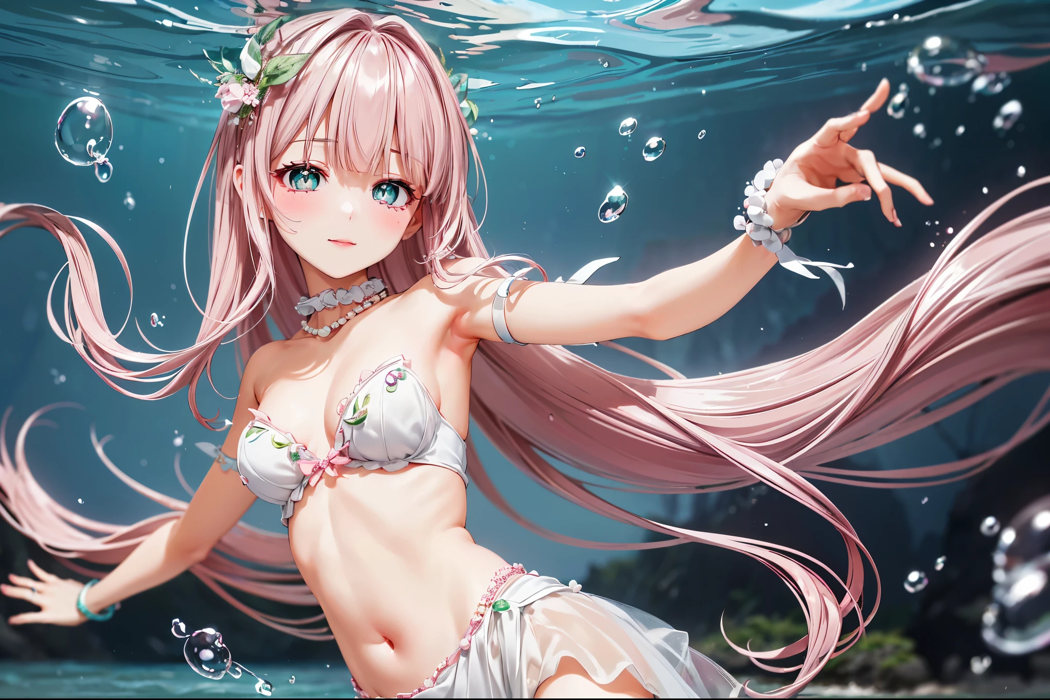 (((pearl pink hair,emerald pupils))),((beautiful and detailed)),(blushing), (geometric:1.1),(((under the water,in the ocean,bubbles,fish))), ((1girl,amazing,adorable girl,solo,arms down)),(Masterpiece,Best quality, offcial art,fractal art, Beautiful and aesthetic:1.2),(4k,HD,HRS),((small breasts)),(Physically-based rendering),Sharp focus, (((highdetailskin,The details are complex、Shallow depth of field、movie lighting、Reflectors、a Canon EOS R5、50mm lens、f / 2.8、shot at 8k resolution))),simple cloths,correct pupils,((((shiny hair|detailed hair|half bangs|long hair)))),(masterpiece sidelighting),(The sheen),(beautiful hair,beautiful background,bokeh:55mm)),((extremely_Detailed_Eyes_and_face)),Movie girl,(Dynamic posture: 1.2),Brilliant