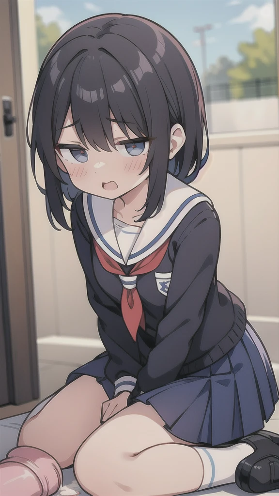 Primary school girl, embarazada, ano chorreando semen, dildo, vagina llena de semen orinando