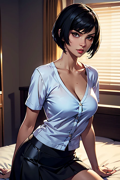 Eliza From Tekken, short black hair, sexy look, casual blouse with low neckline, short skirt, sensual pose, in the bedroom with soft lighting in the room