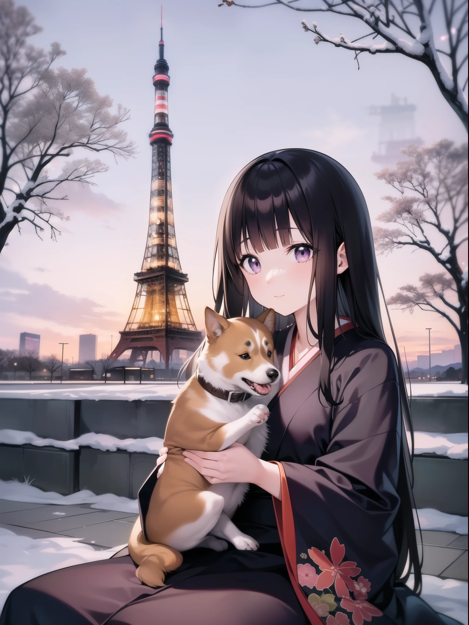 Illustration of a Japanese woman and her dog sitting in front of Tokyo Tower。The woman wears a white hat、Dressed in black。Tokyo Tower should be the most prominent、The woman is small and in the foreground.。She is holding a small dog on her lap。With the illuminated Tokyo Tower in the background、Winter Tree々You can see。